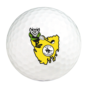 Golf ball with map of Tasmania and a Tassie Devil playing golf